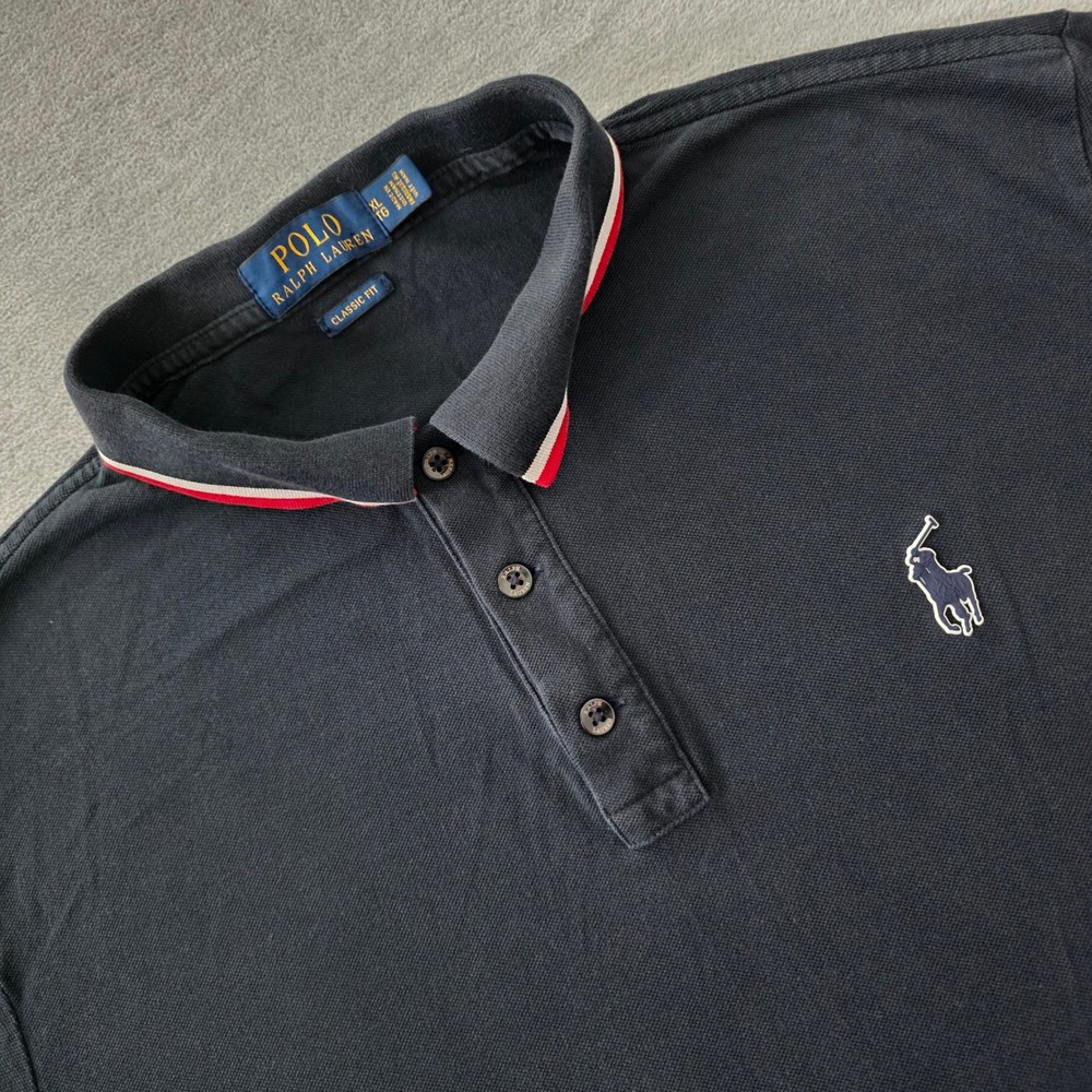 Polo Ralph Lauren Mens XL Navy Blue Classic Fit Striped Trim Polo Shirt Logo